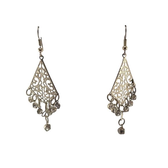 Vintage Silver Filigree Triangle Dangle Earrings Statement Boho Tribal Jewelry - Picture 7 of 8